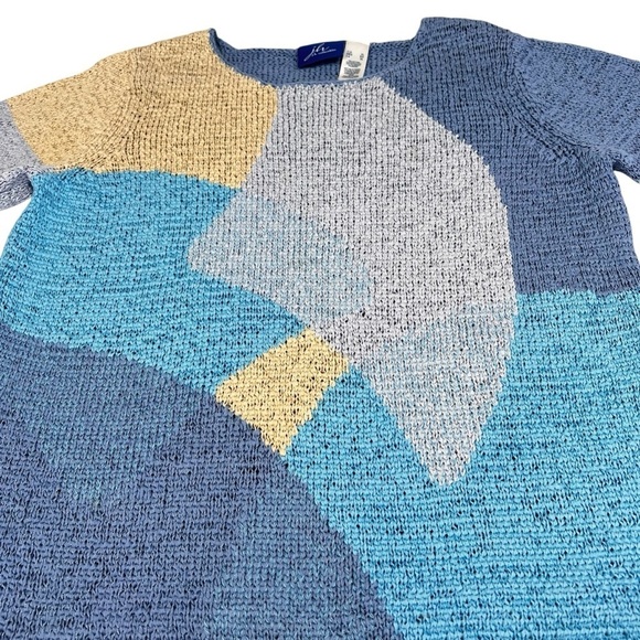 VTG J.H. COLLECTIBLES Blue Beige Color Block Long Sleeve Knit Sweater Top Sz XL - Picture 8 of 16